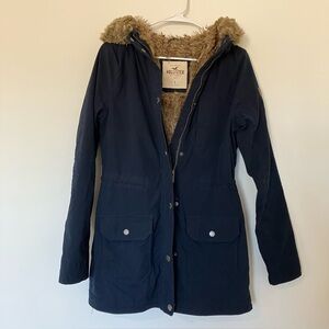 Y2K Hollister Women's Navy Parka Coat with Faux Fur Lining Small